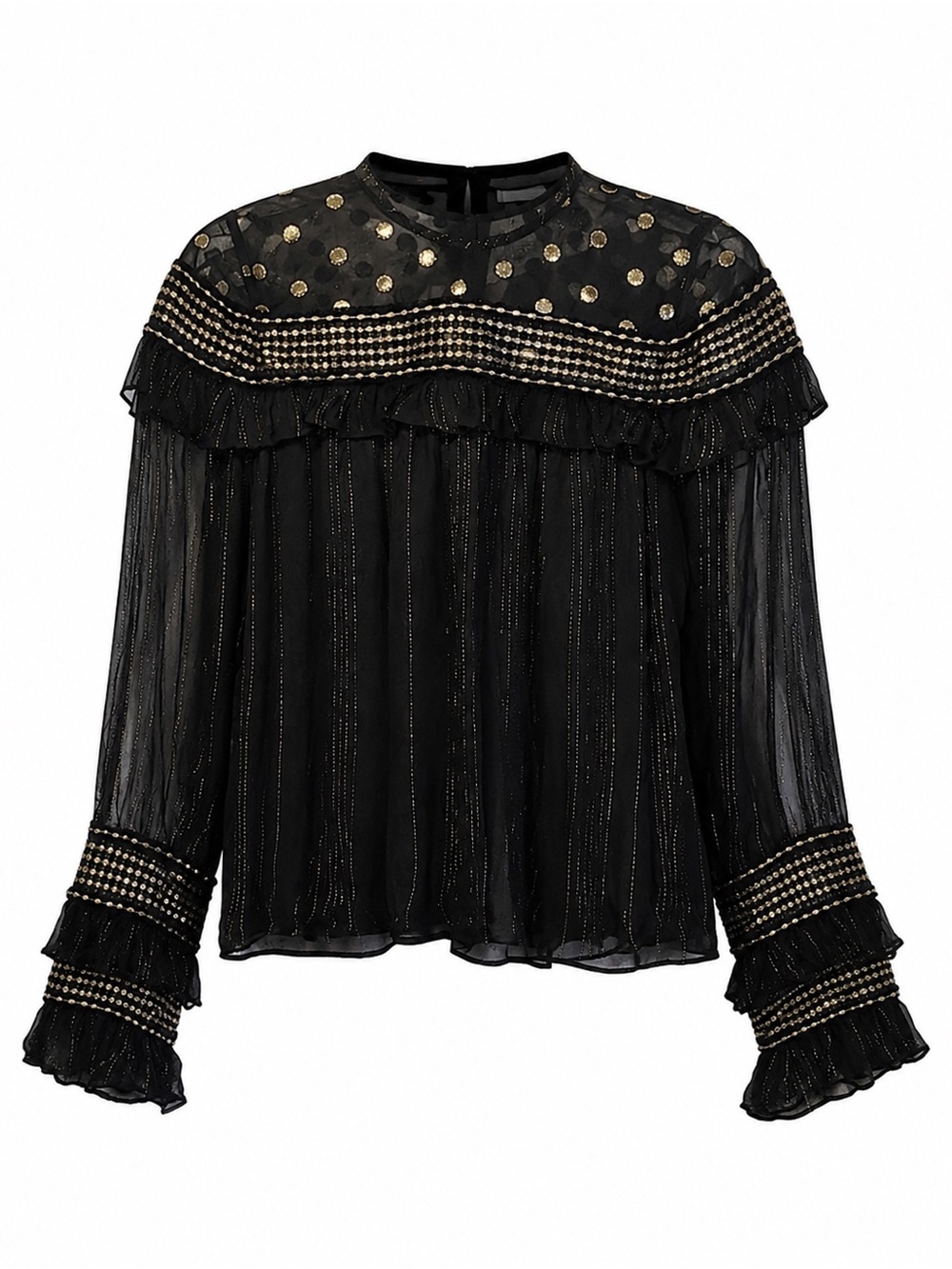Dodo Bar Or Black Blouse with Gold Metallic Dot Trim
